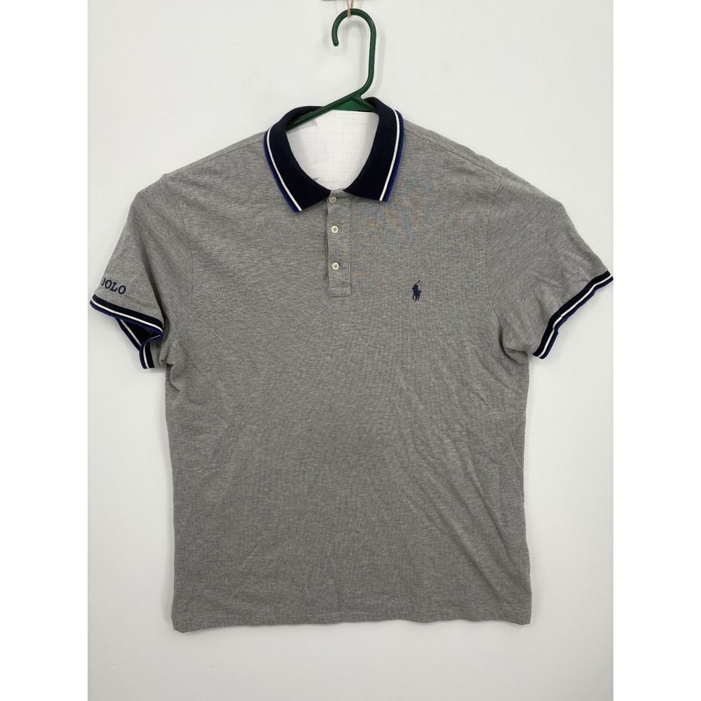 Polo Ralph Lauren Custom Slim Fit Men's Gray Blue Trim SPELL OUT Polo Shirt, XL